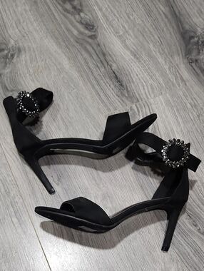 Spring Step Black Satin Open-Toe Ankle-Strap Heels with Crystal Buckle